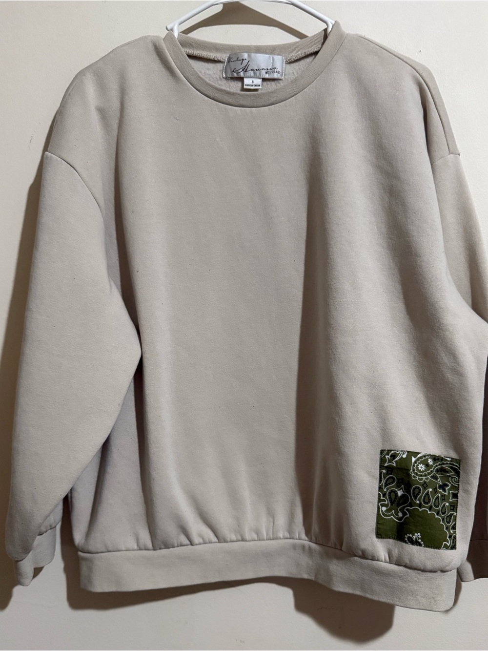Vintage Havana Beige Crewneck Sweater with Green Bandana Patch